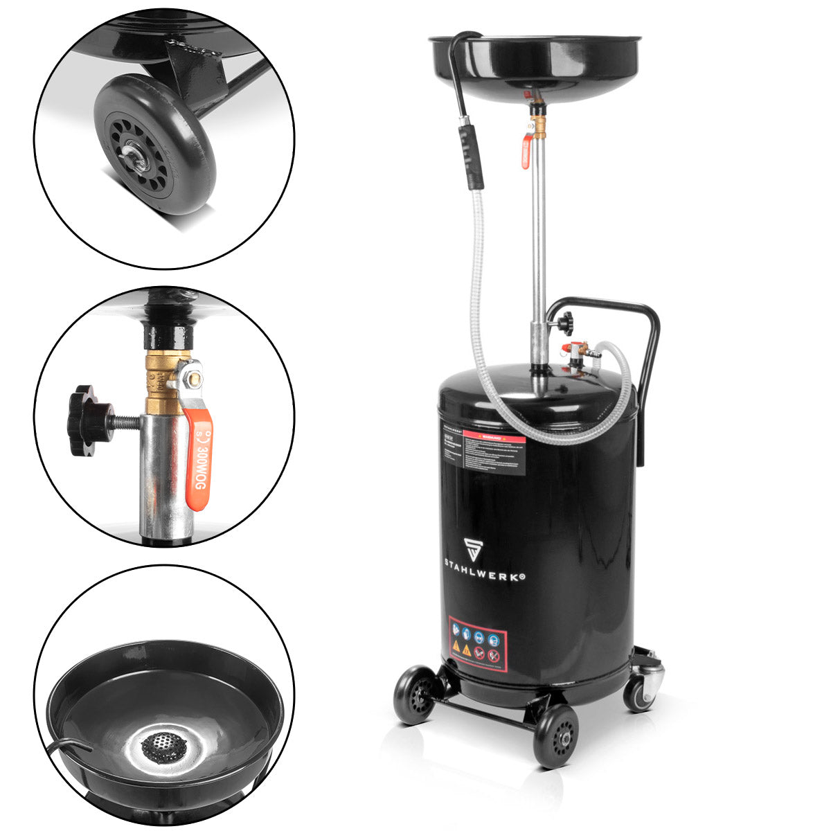 STAHLWERK oil separator OD-80 ST with 80 l capacity, oil collecting container / oil collecting trolley / oil pan / oil drain device with height-adjustable funnel for collecting used oil when changing vehicle oil