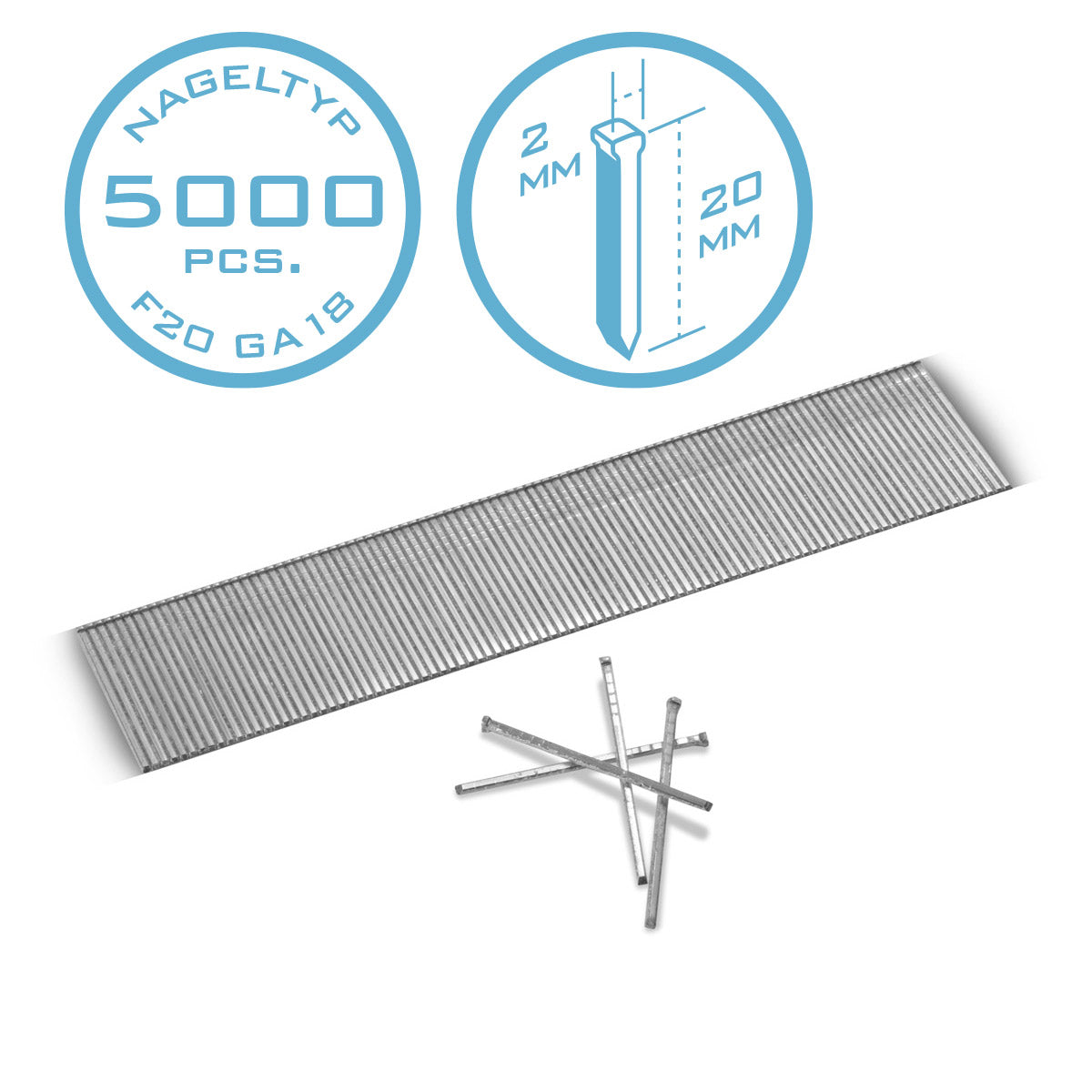 STAHLWERK Druckluft Nägel 20 mm Gauge 18 (1,25 x 1,05 mm) mit 2 mm Kopfbreite im 5000er Set Streifennägel | Tackernägel | Druckluft Stifte für Nagler, Nagelpistolen und Tacker