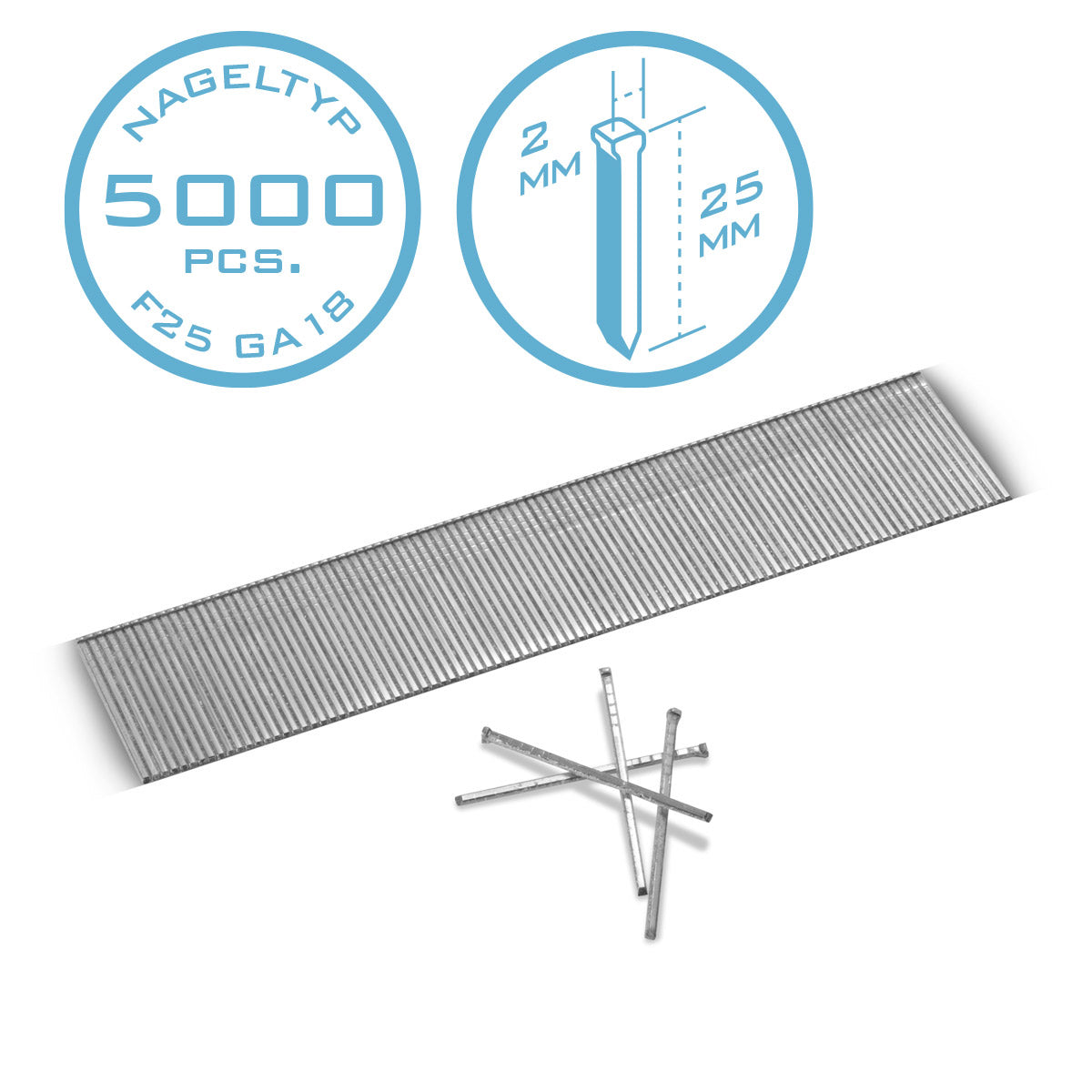 Chiodi ad aria compressa STAHLWERK da 25 mm calibro 18 (1,25 x 1,05 mm) con larghezza della testa di 2 mm in un set da 5000 chiodi a striscia | Chiodi cucitrice | Perni ad aria compressa per chiodatrici, pistole sparachiodi e cucitrici