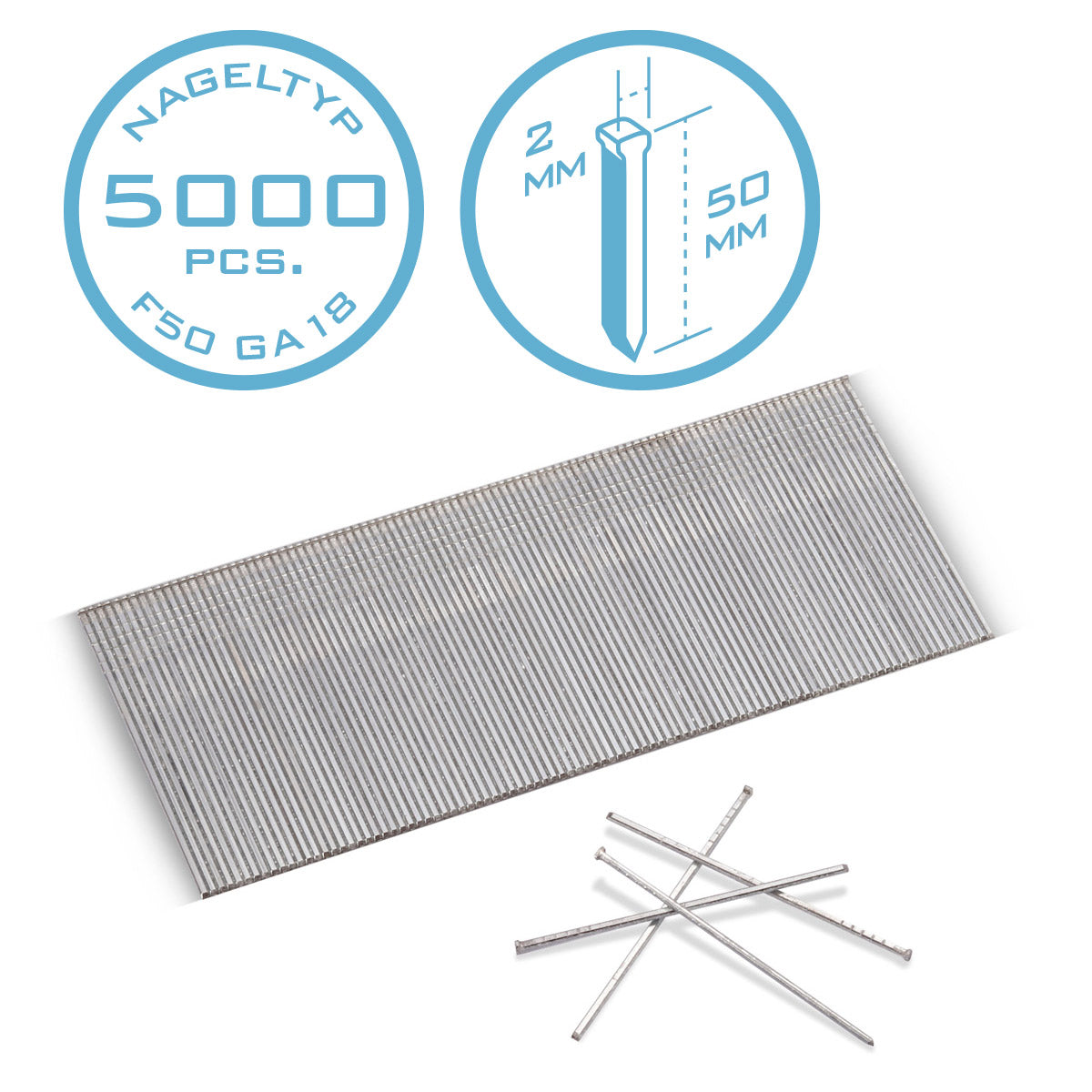 Chiodi ad aria compressa STAHLWERK da 50 mm calibro 18 (1,25 x 1,05 mm) con larghezza della testa di 2 mm in un set da 5000 chiodi a striscia | Chiodi cucitrice | Perni ad aria compressa per chiodatrici, pistole sparachiodi e cucitrici
