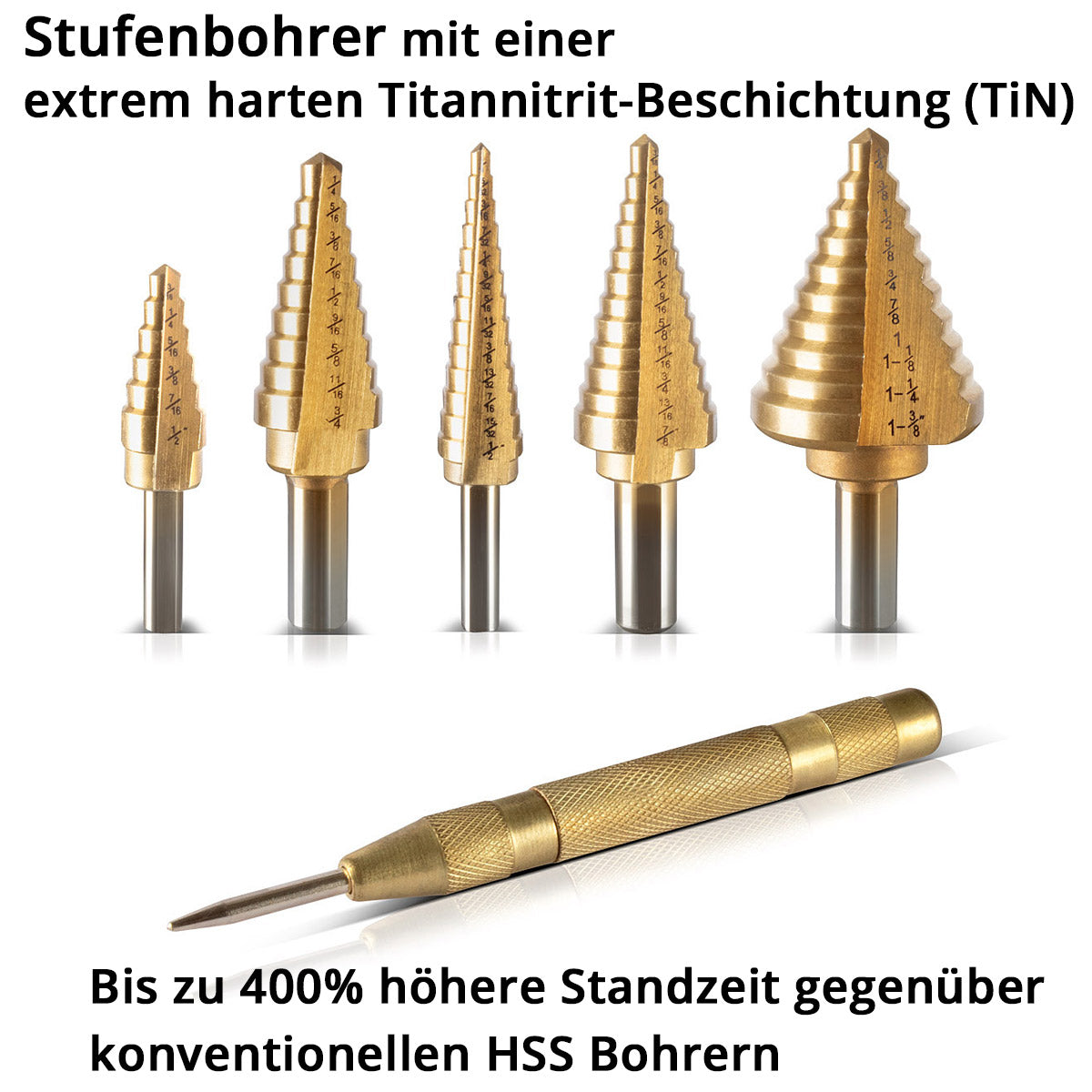 STAHLWERK HSS Stufenbohrer / Kegelbohrer Set 6 Teile mit TiN-Beschichtung, Senkbohrer / Metallbohrer zum präzisen Bohren von legierten und nicht legierten Stählen inklusive Automatik-Körner und Aluminiumkoffer