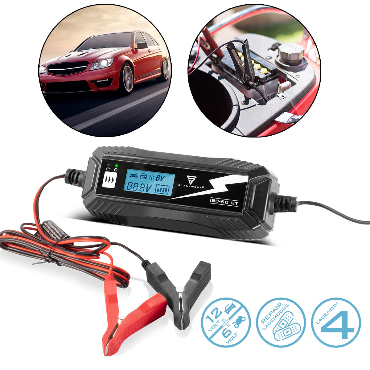 STAHLWERK Batterieladegerät IBC-50 ST mit Mikroprozessor und 4 Lademodi für 6V/12V AGM, VRLA, MF, SLA und GEL-Batterien | Intelligentes Ladegerät für Auto und Motorrad