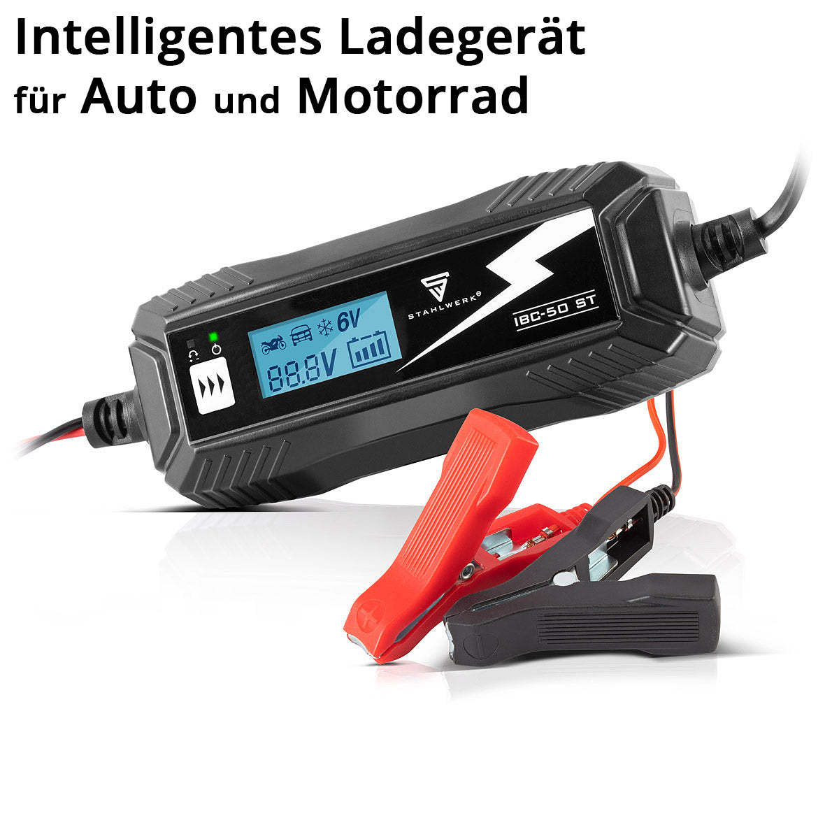 STAHLWERK Batterieladegerät IBC-50 ST mit Mikroprozessor und 4 Lademodi für 6V/12V AGM, VRLA, MF, SLA und GEL-Batterien | Intelligentes Ladegerät für Auto und Motorrad