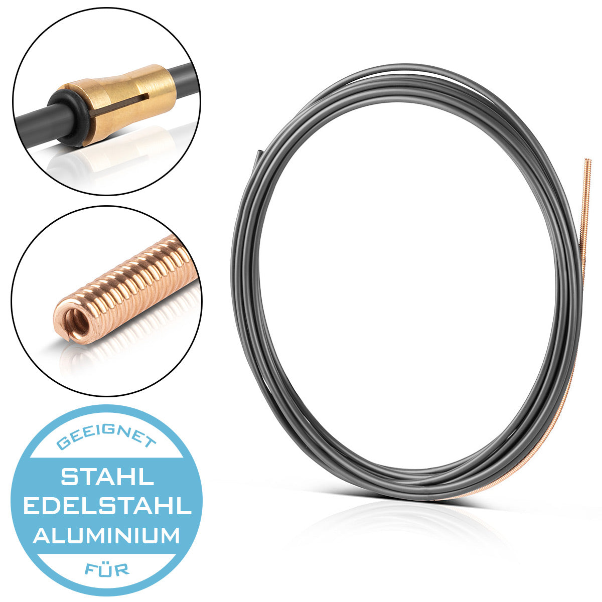 Núcleo de carbono universal STAHLWERK | Guía de alambre de 5 m para MIG MAG AK15 | MB15 | AK25 | Paquetes de mangueras para soplete MB25 con conexión eurocentral para soldadura profesional de acero, acero inoxidable y aleaciones de aluminio