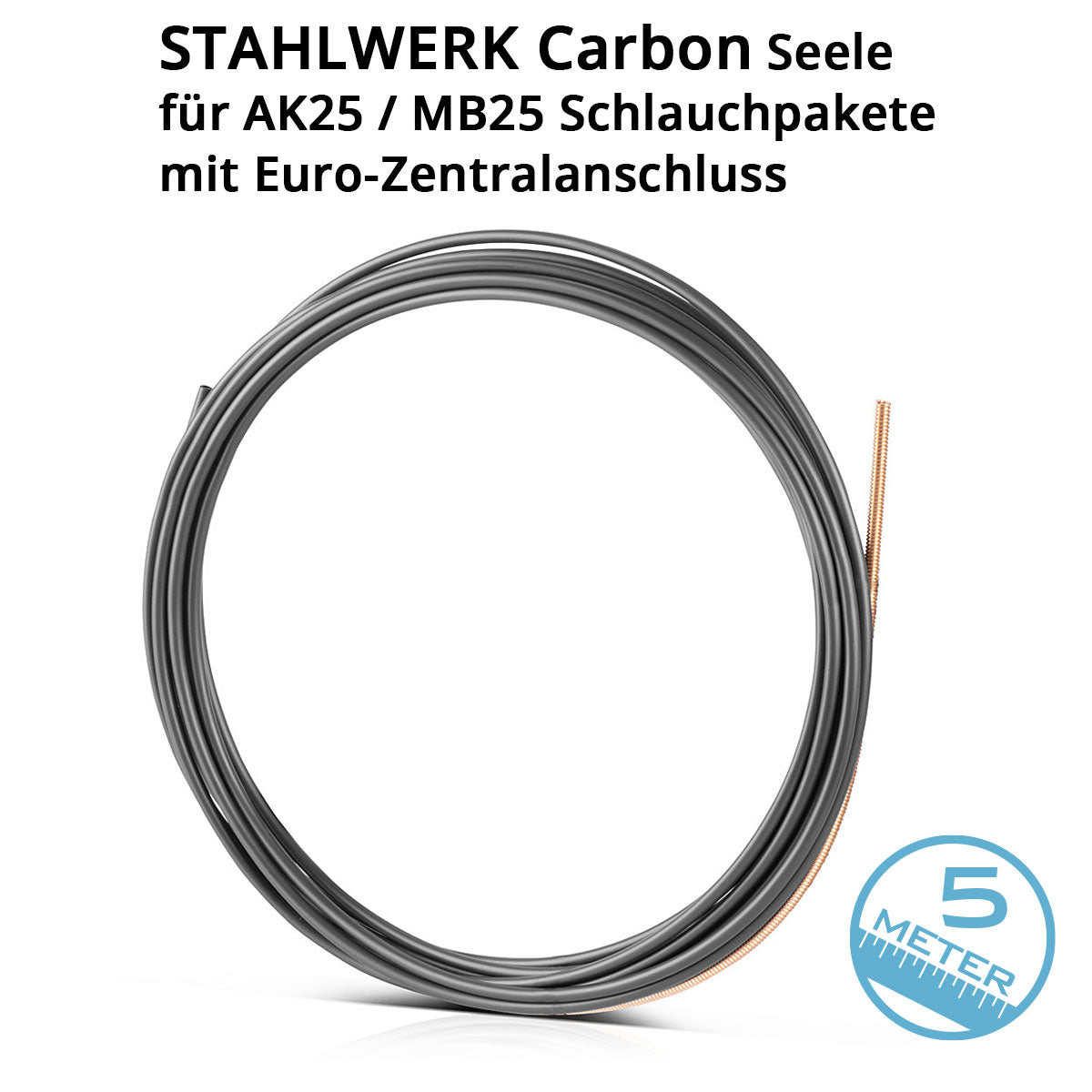 Núcleo de carbono universal STAHLWERK | Guía de alambre de 5 m para MIG MAG AK15 | MB15 | AK25 | Paquetes de mangueras para soplete MB25 con conexión eurocentral para soldadura profesional de acero, acero inoxidable y aleaciones de aluminio