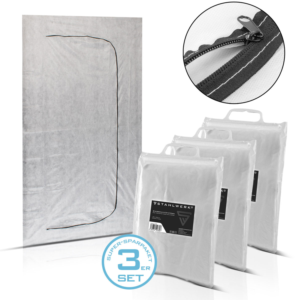 STAHLWERK dust protection door set of 3 C-shaped dust door / dirt trap / dust curtain with integrated zipper