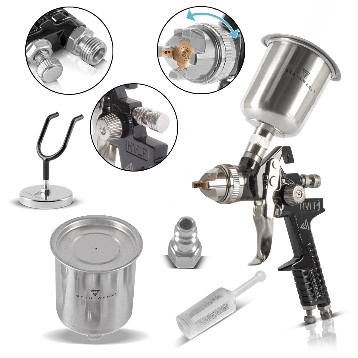 STAHLWERK HVLP Lackierpistole SG-600 ST mit 1,4 mm Düse und 600 ml Fließbecher, Lackierpistolen-Halter, Profi Spritzpistole / Sprühpistole / Spraypistole