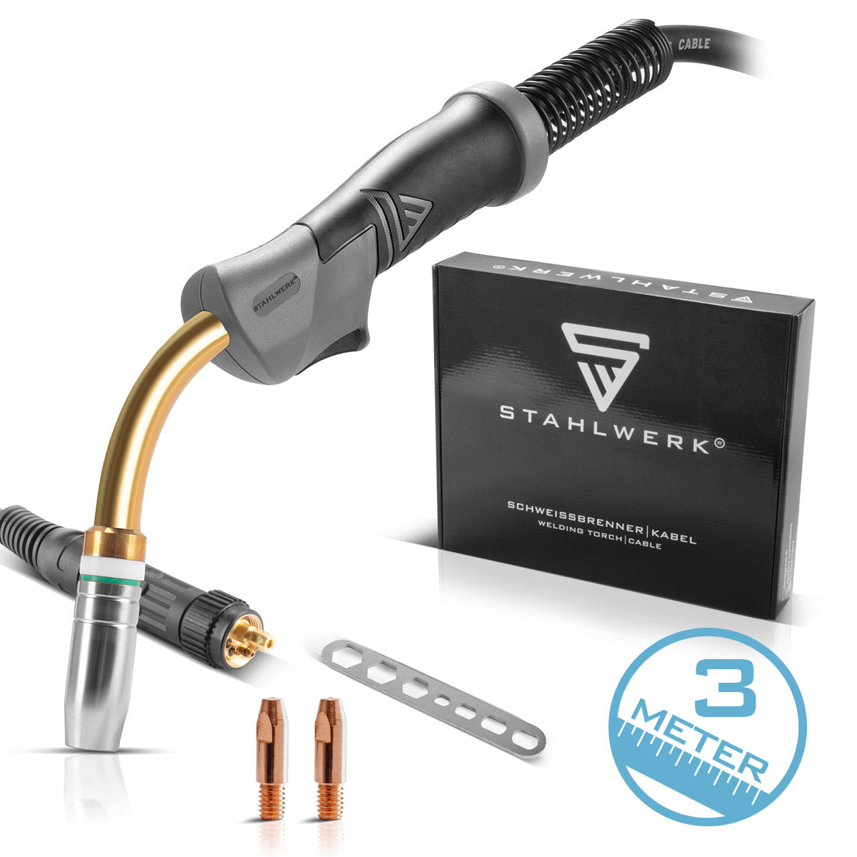 PLANTA ACERO AK25 | Antorcha de soldadura MB25 con paquete de manguera de 3 m, accesorios de soldadura profesionales para máquinas de soldar MIG MAG con gas protector y conexión central Euro