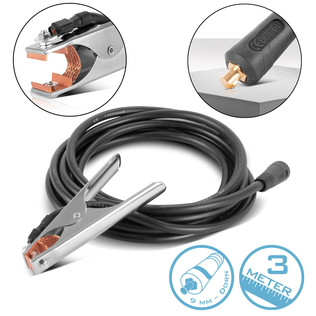Pinza de tierra STAHLWERK hasta 300 A pinza de tierra | Pinza de puesta a tierra que incluye cable de soldadura de 3 m | Cable de tierra con conector de 25 mm² y 9 mm
