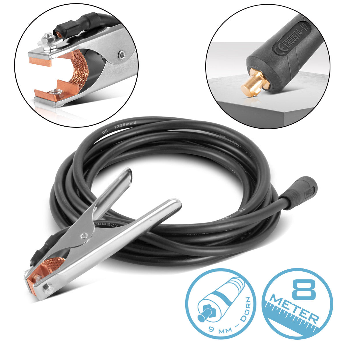 Pinza de tierra STAHLWERK hasta 300 A pinza de tierra | Pinza de tierra que incluye cable de soldadura de 8 m | Cable de tierra con conector de 25 mm² y 9 mm