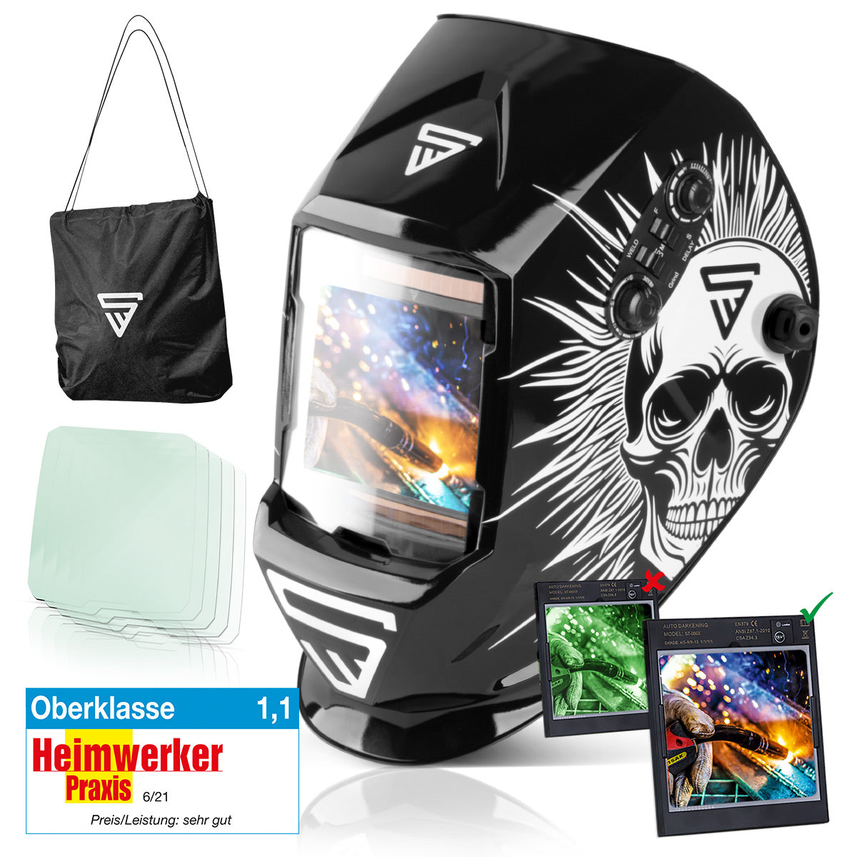 STAHLWERK Casque de soudage automatique 3 en 1 ST-990 SE "Special Edition Skull" Casque de couleur réelle | Parapluie de soudage | Masque de soudage | Écran de soudage pour le soudage, le découpage et le meulage professionnels