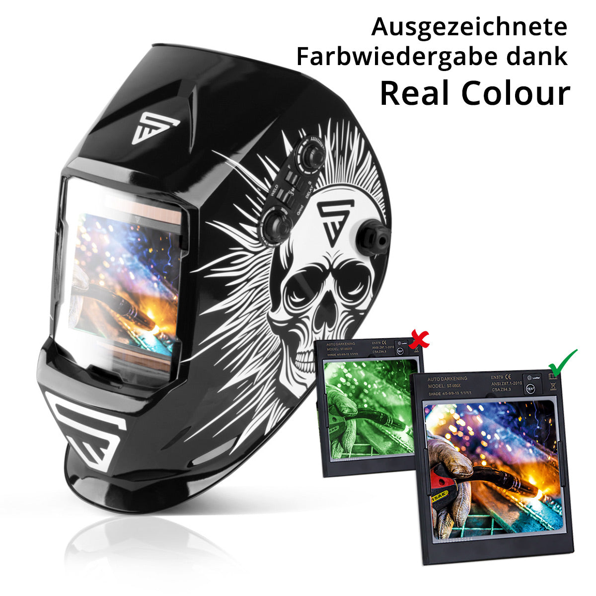 STAHLWERK Casque de soudage automatique 3 en 1 ST-990 SE "Special Edition Skull" Casque de couleur réelle | Parapluie de soudage | Masque de soudage | Écran de soudage pour le soudage, le découpage et le meulage professionnels