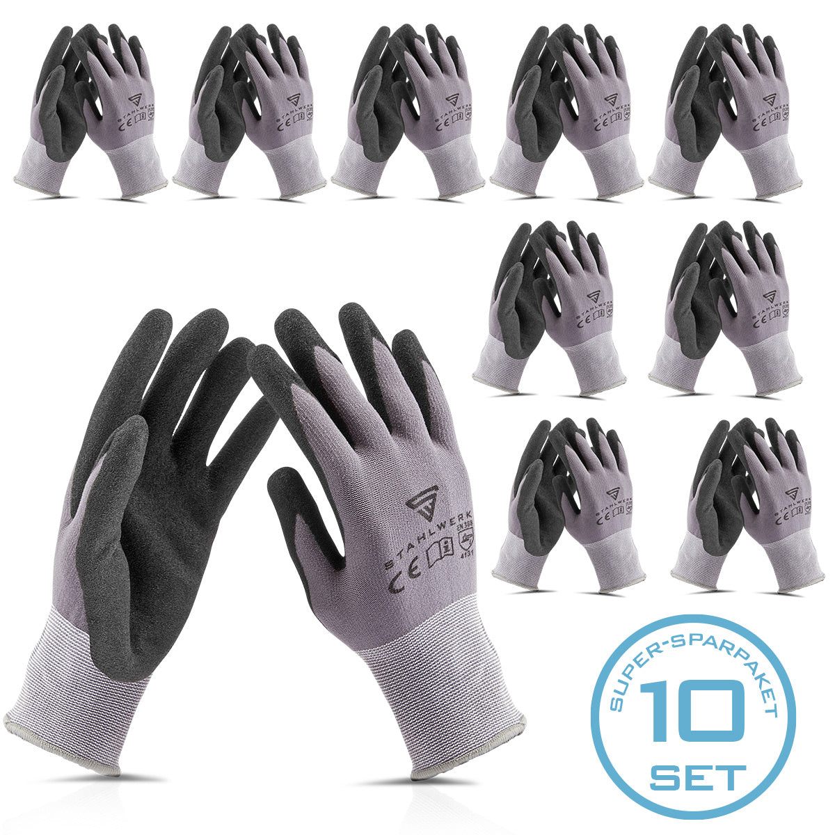 STAHLWERK work and assembly gloves size L pack of 10 / protective clothing / robust and hard-wearing made of nitrile rubber