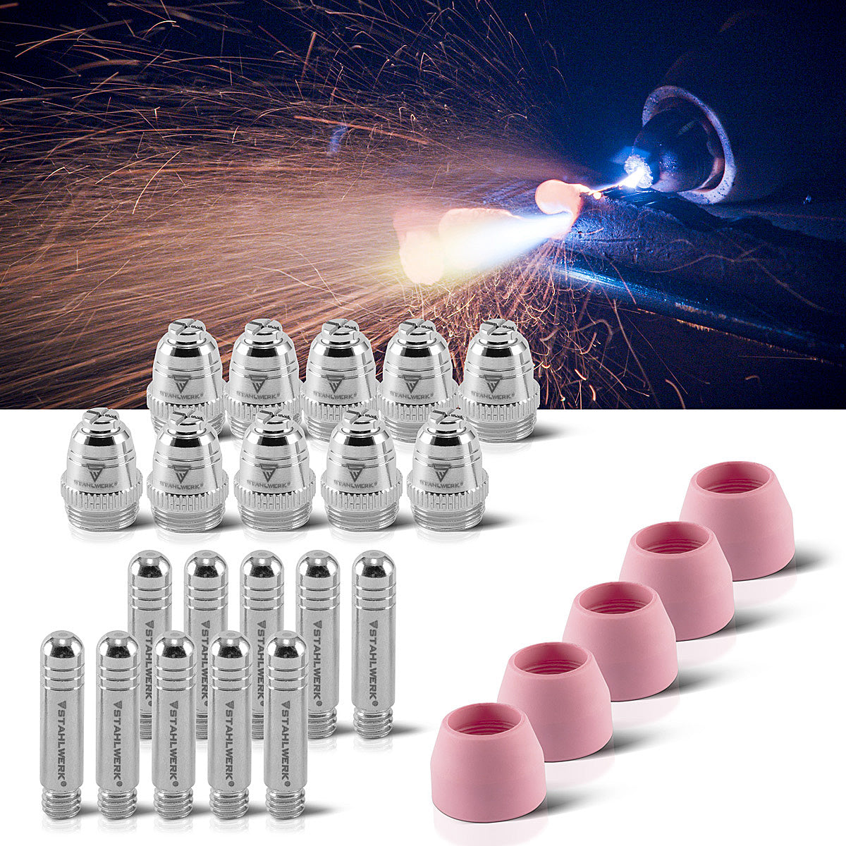 STAHLWERK AG-60 set de accesorios de plasma 25 piezas, piezas de desgaste boquillas de plasma + electrodos + tapas de cerámica para antorcha cortadora de plasma AG-60 / SG-55 CUT