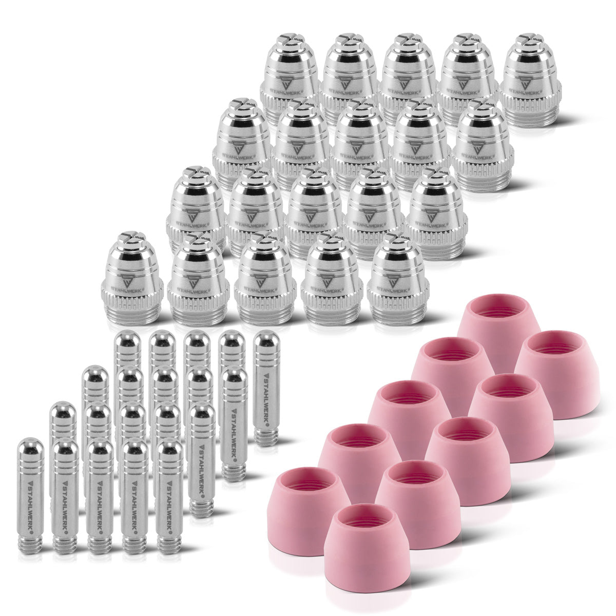 Set di accessori plasma STAHLWERK AG-60 50 pezzi, parti soggette ad usura ugelli plasma + elettrodi + cappucci in ceramica per torcia per taglio plasma AG-60 / SG-55 CUT