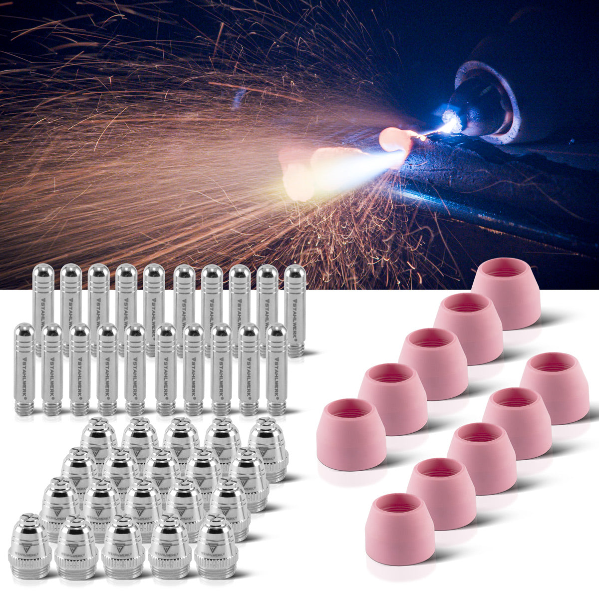 STAHLWERK AG-60 set de accesorios de plasma 50 piezas, piezas de desgaste boquillas de plasma + electrodos + tapas de cerámica para antorcha cortadora de plasma AG-60 / SG-55 CUT