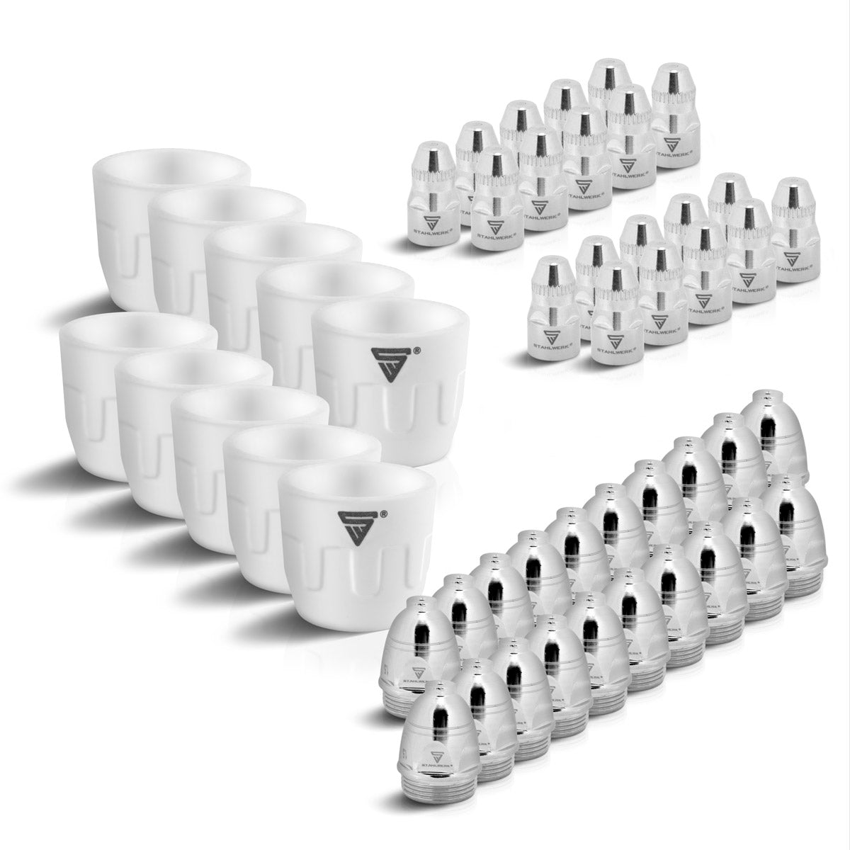 Set di accessori plasma STAHLWERK P-80 50 pezzi, parti soggette ad usura, ugelli plasma + elettrodi + cappucci in ceramica per torcia per taglio plasma P-80 CUT