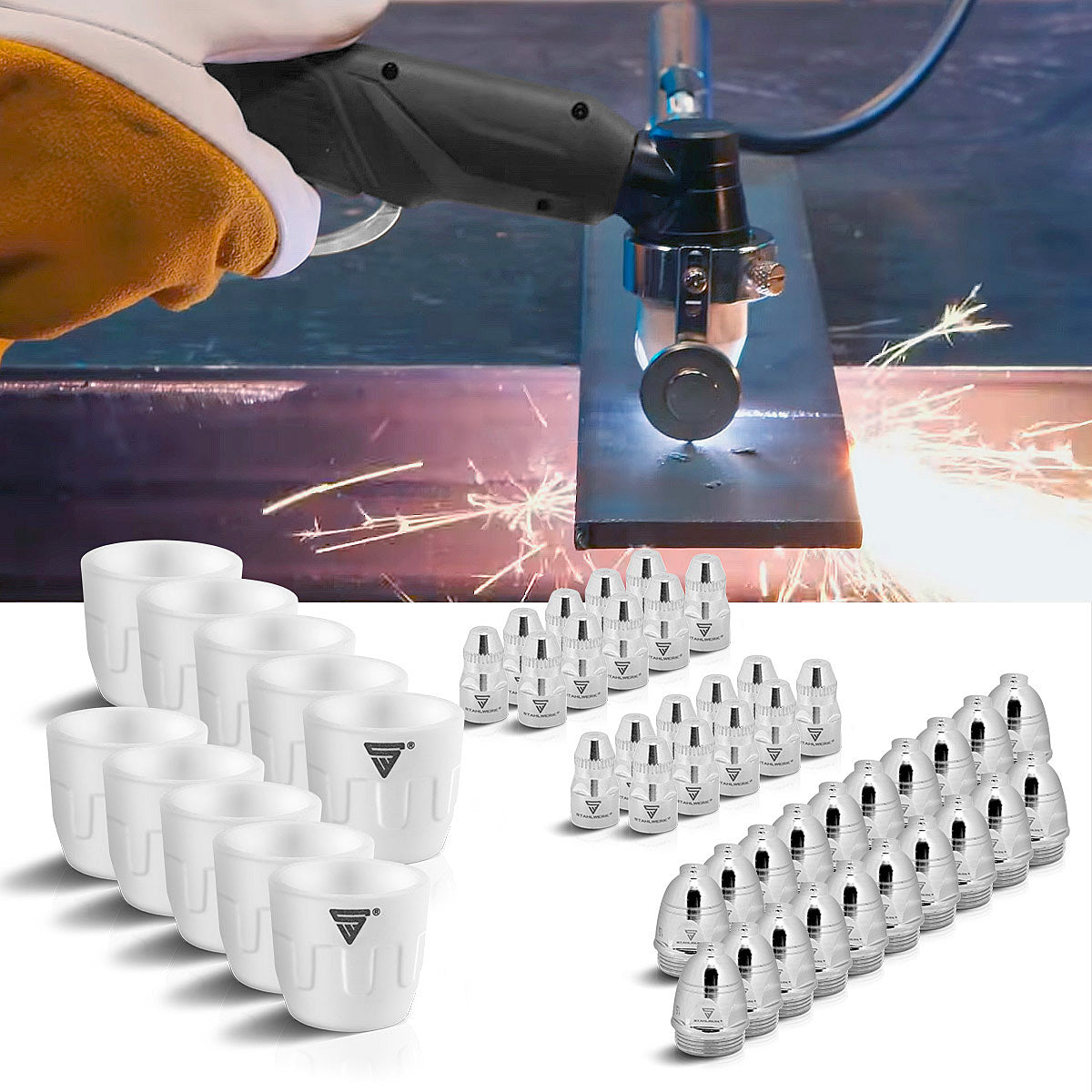 Kit d'accessoires plasma STAHLWERK P-80 50 pièces, pièces d'usure, buses plasma + électrodes + capuchons en céramique pour torche de découpe plasma P-80 CUT