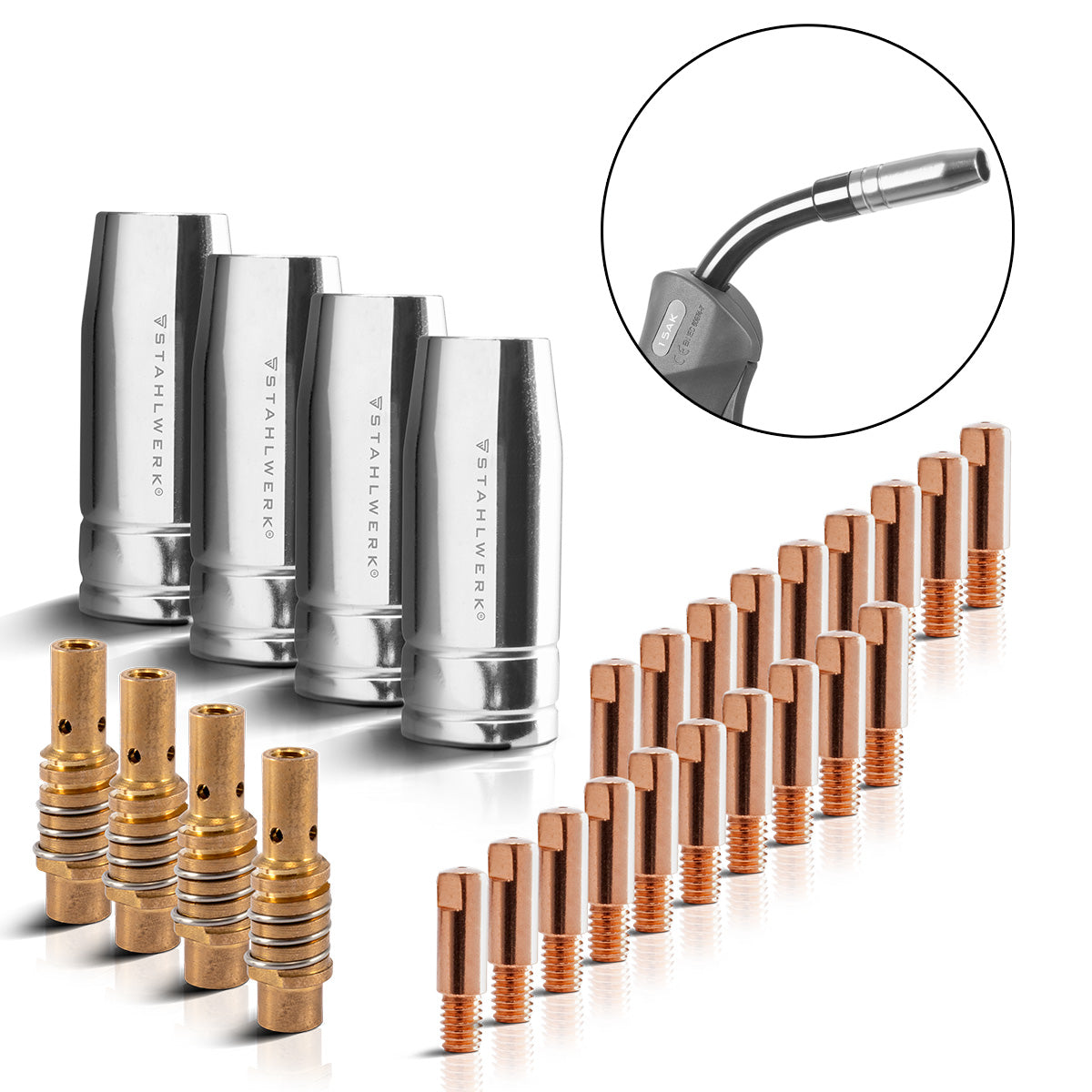 STAHLWERK MIG MAG AK15/MB15 AK14/MB14 Verschleißteile Set, 28-teiliges Original Schweißzubehör Set mit Gasdüsen, Düsenträgern und Stromdüsen für MIG MAG Schweißbrenner