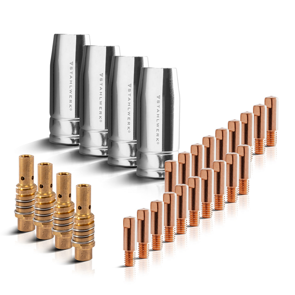 STAHLWERK MIG MAG AK15/MB15 AK14/MB14 Verschleißteile Set, 28-teiliges Original Schweißzubehör Set mit Gasdüsen, Düsenträgern und Stromdüsen für MIG MAG Schweißbrenner