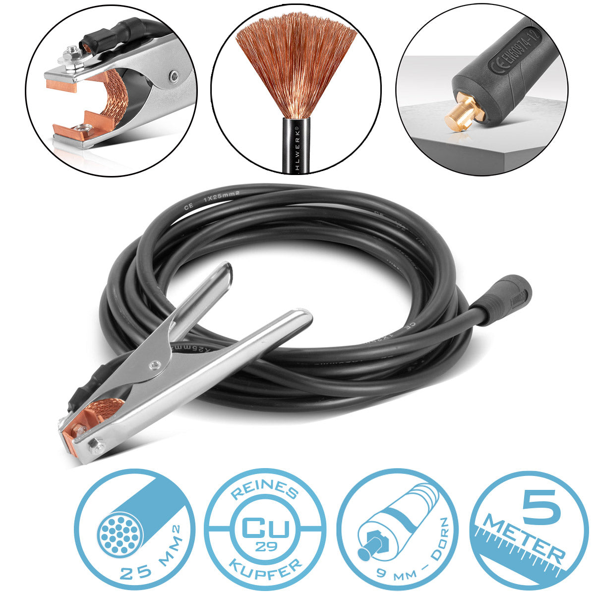 Pinza de tierra STAHLWERK hasta 300 A pinza de tierra | Pinza de tierra que incluye cable de soldadura de 5 m | Cable de tierra de cobre puro con conector de 25 mm² y 9 mm