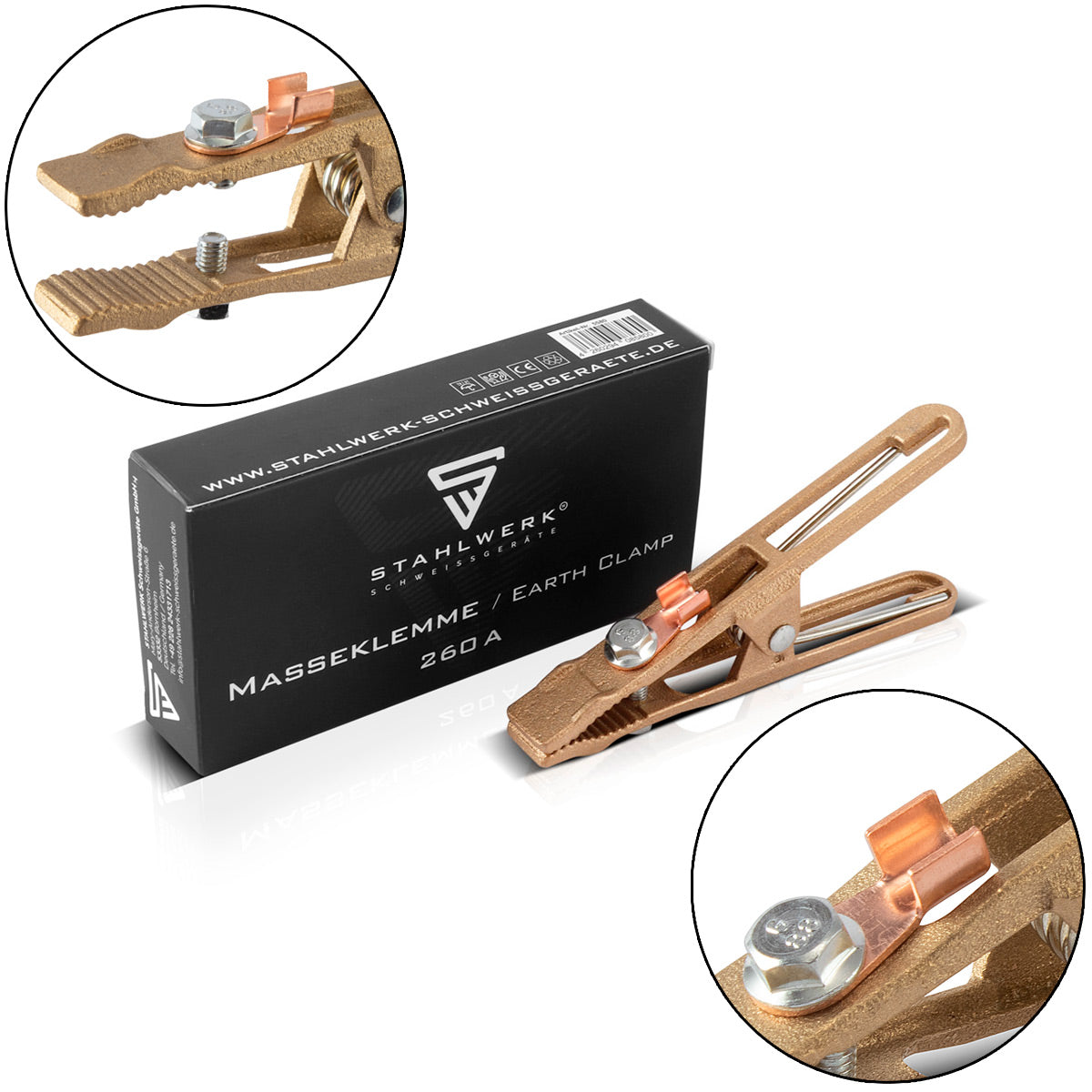 Pinza de tierra y pinza de tierra STAHLWERK: pinza de tierra de alta calidad hasta 260 A de latón macizo para máquinas de soldar y cortadoras de plasma