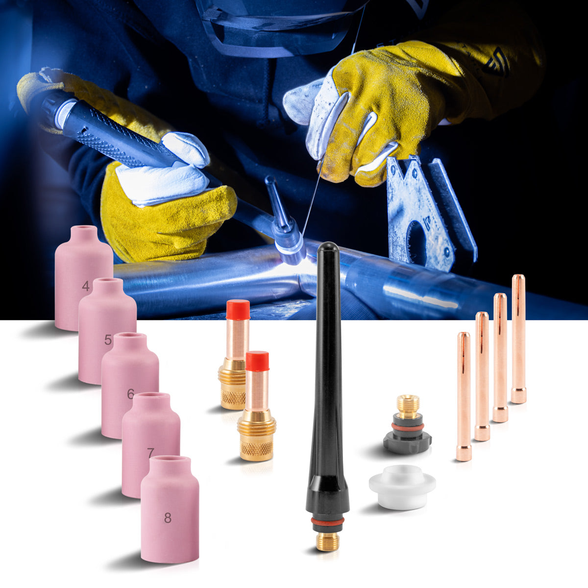 STAHLWERK TIG gas lens welding accessories set 14 pieces with clamping sleeves + ceramic nozzles, wearing parts for WP-26 TIG welding torches