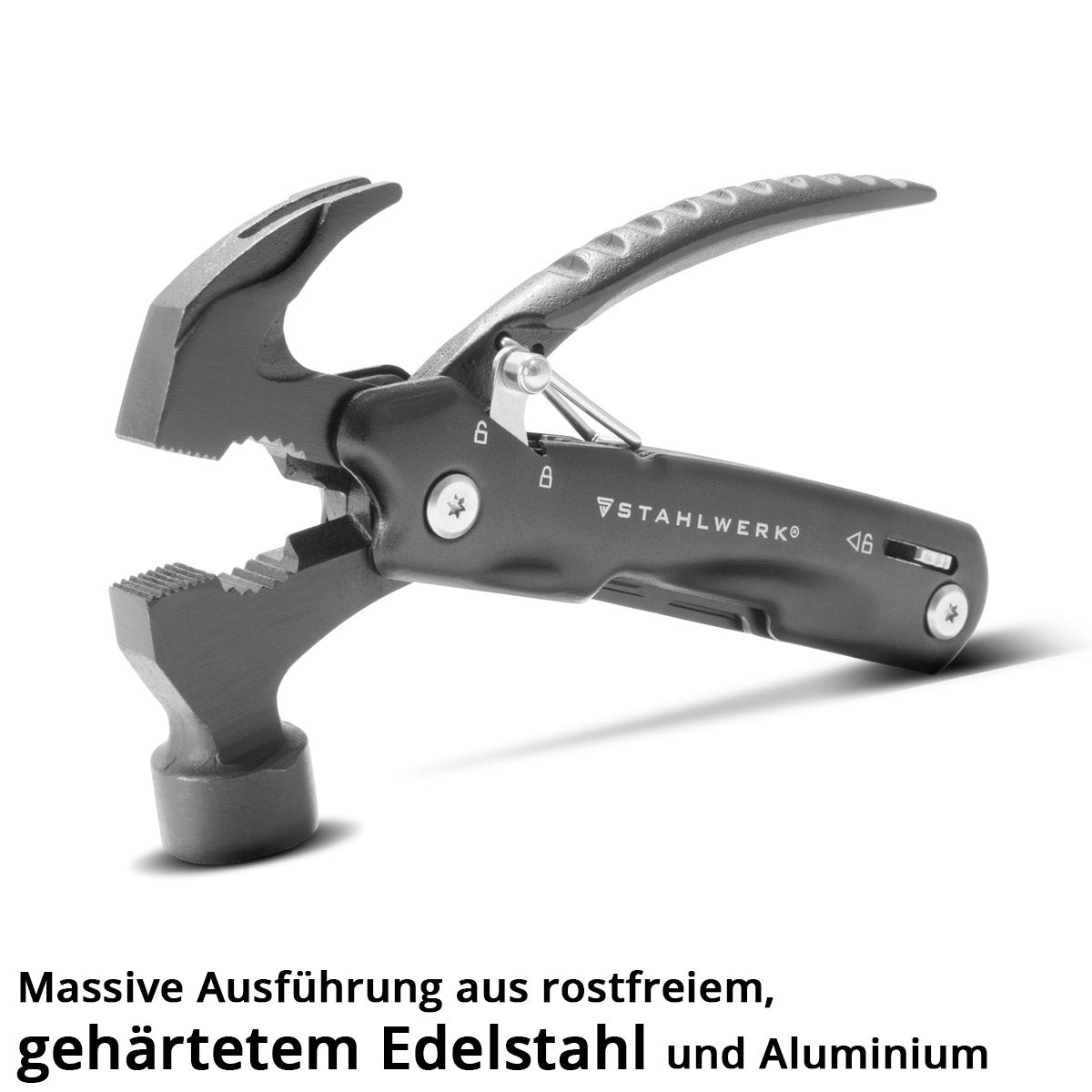 STAHLWERK Multitool mit 12 Werkzeugen, hochwertiges Taschenmesser / Klappmesser / Multifunktionswerkzeug mit Hammer, Messer, Säge, Feile, Kombizange, Schraubendreher etc. inklusive LED Taschenlampe
